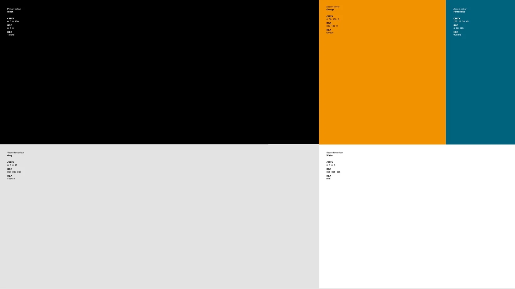 Anza Pros färgpalett med svart, grått, vit, orange och en grönblå färg. Färgkoder syns