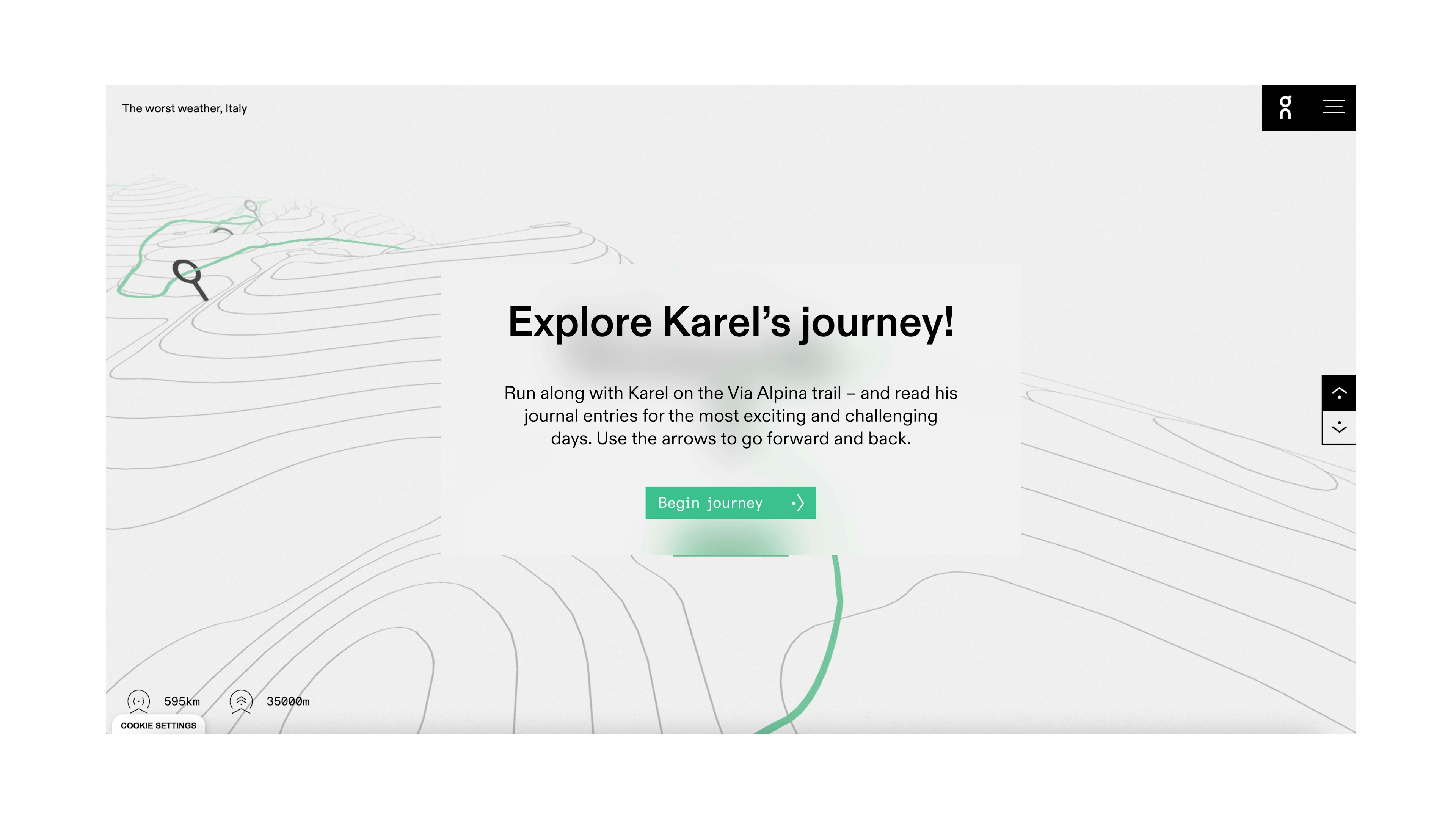 Karta som visar minimaliskt bergshöjder, med text "Explore Karel's Journey" - Ny Studio