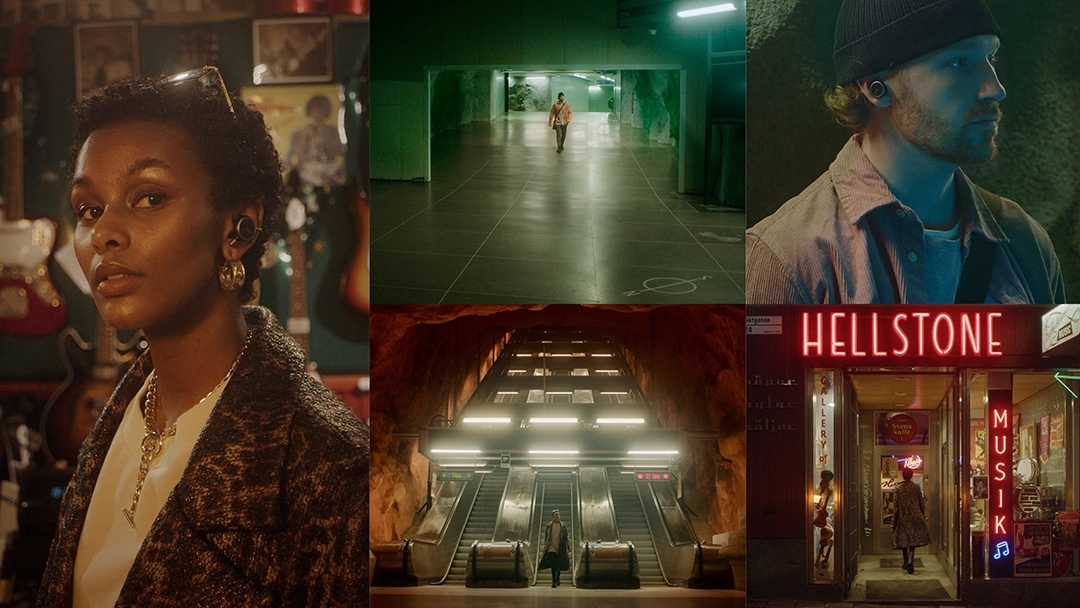 Collage med fem olika bilder, en kvinna med kort hår kollar in i kameran, en bild på man som går i en grön tunnelbana, rulltrappor ner i en av stockholms utsmyckade tunnelbana, hellstone ingång, man med mössa och skjorta kollar bort från kameran