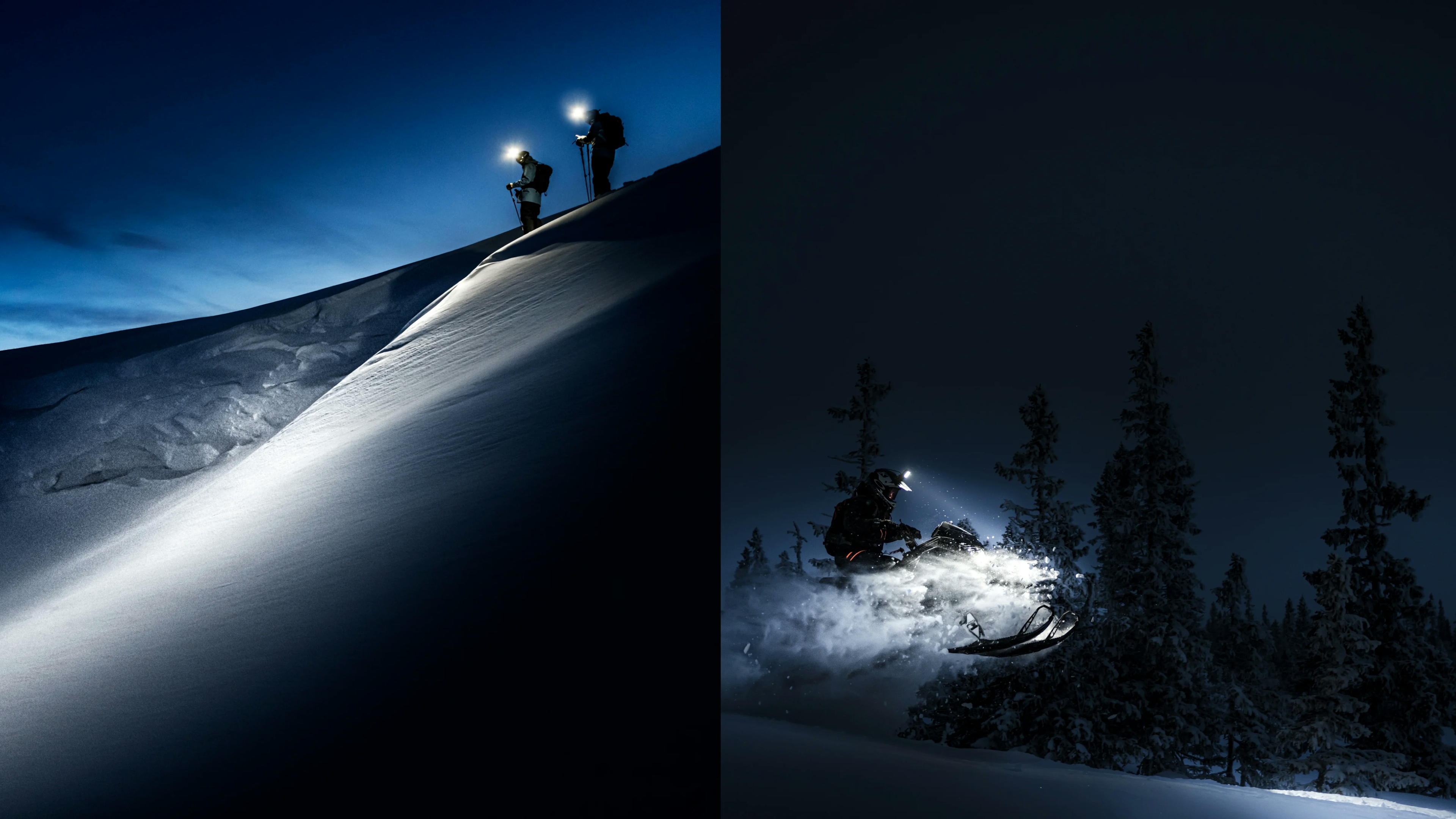 Collage med 2 bilder som visar styrkan på Spectra pannlampan från Silva. Lyser upp mörk snömiljö