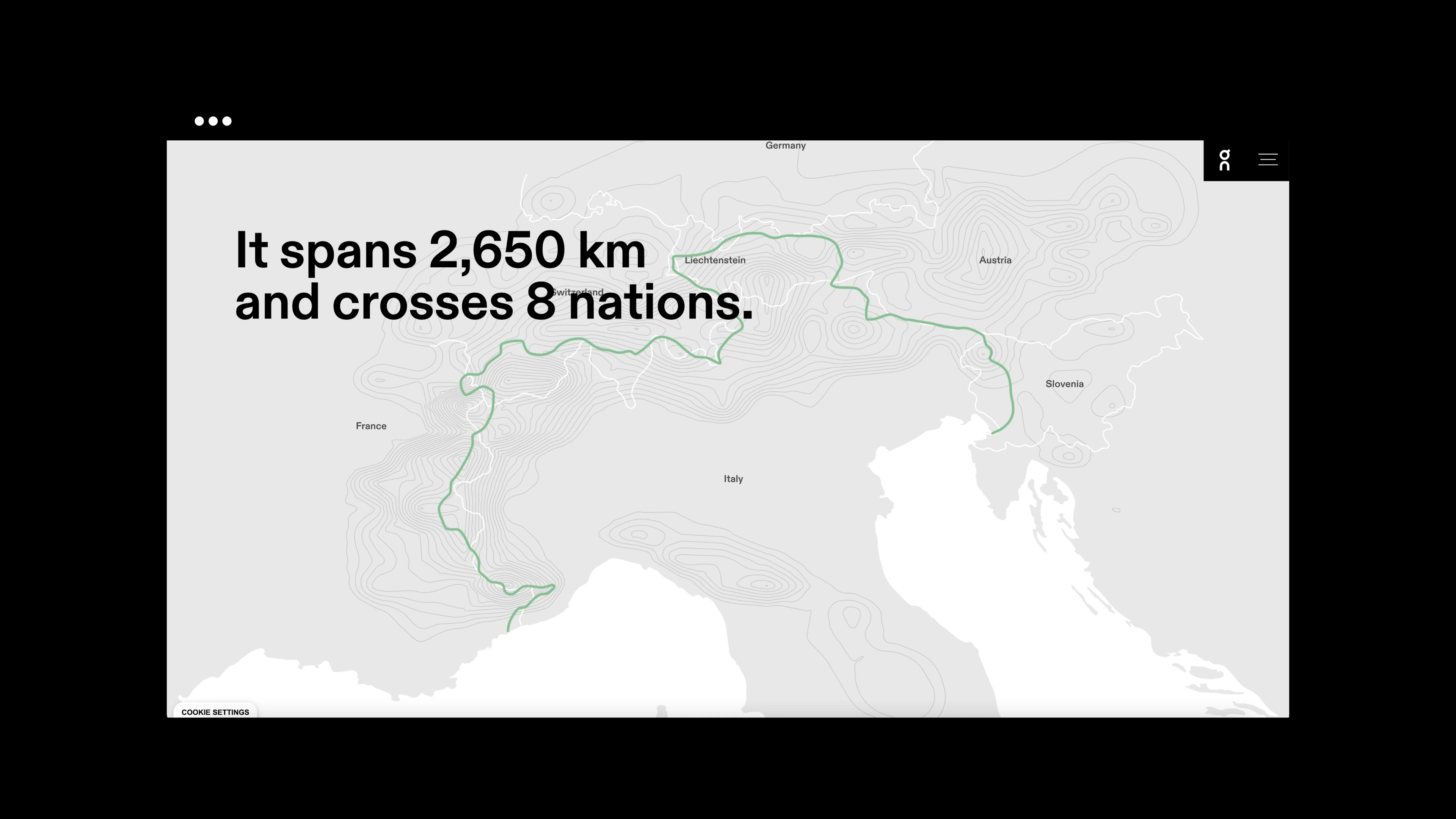 En karta över italien med svart text "It spans 2,650 km and crosses 8 nations"